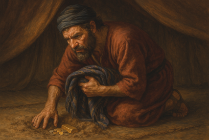 Achan hides the silver, gold, and robe in his tent, feeling guilty and afraidscene from the story Achans Secret Sins (Joshua 7).